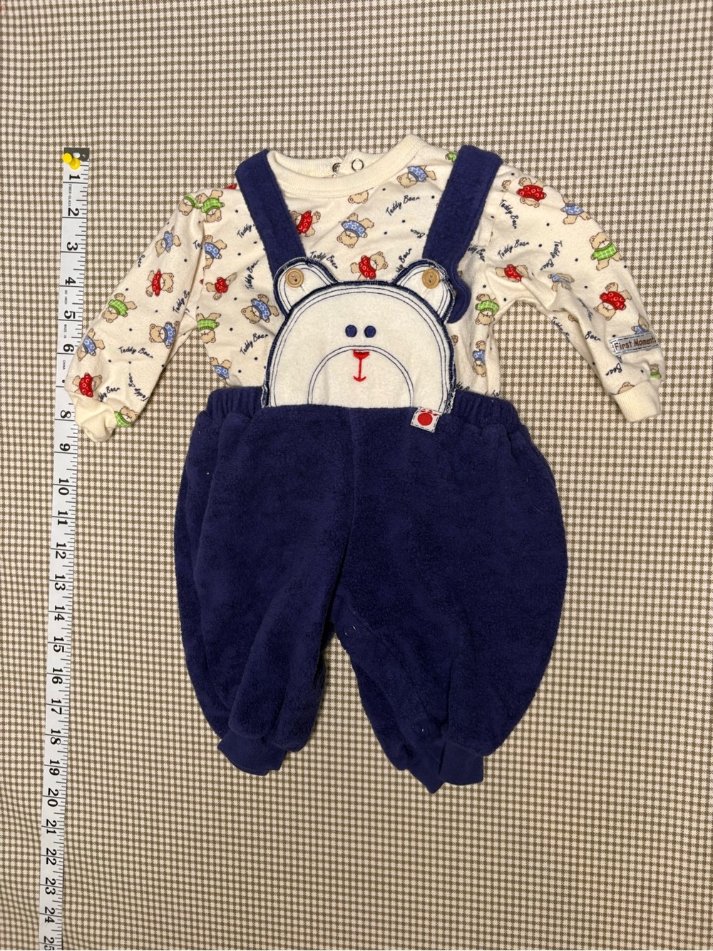 Vintage First Moments Teddy Bear Plush Overalls Outfit Set 3-6 Months Baby Y2K